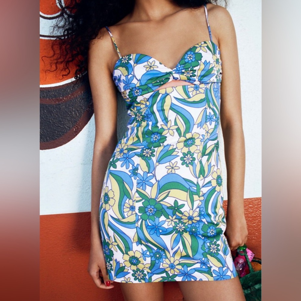 Zara Printed Mini Dress S Disco Retro Blue Green Floral